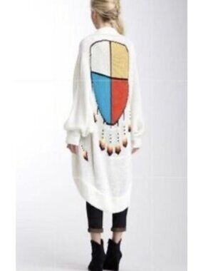 WildFox Long Open Cardigan Dreamcatcher Knit Wool Feather Aztec S Native Boho